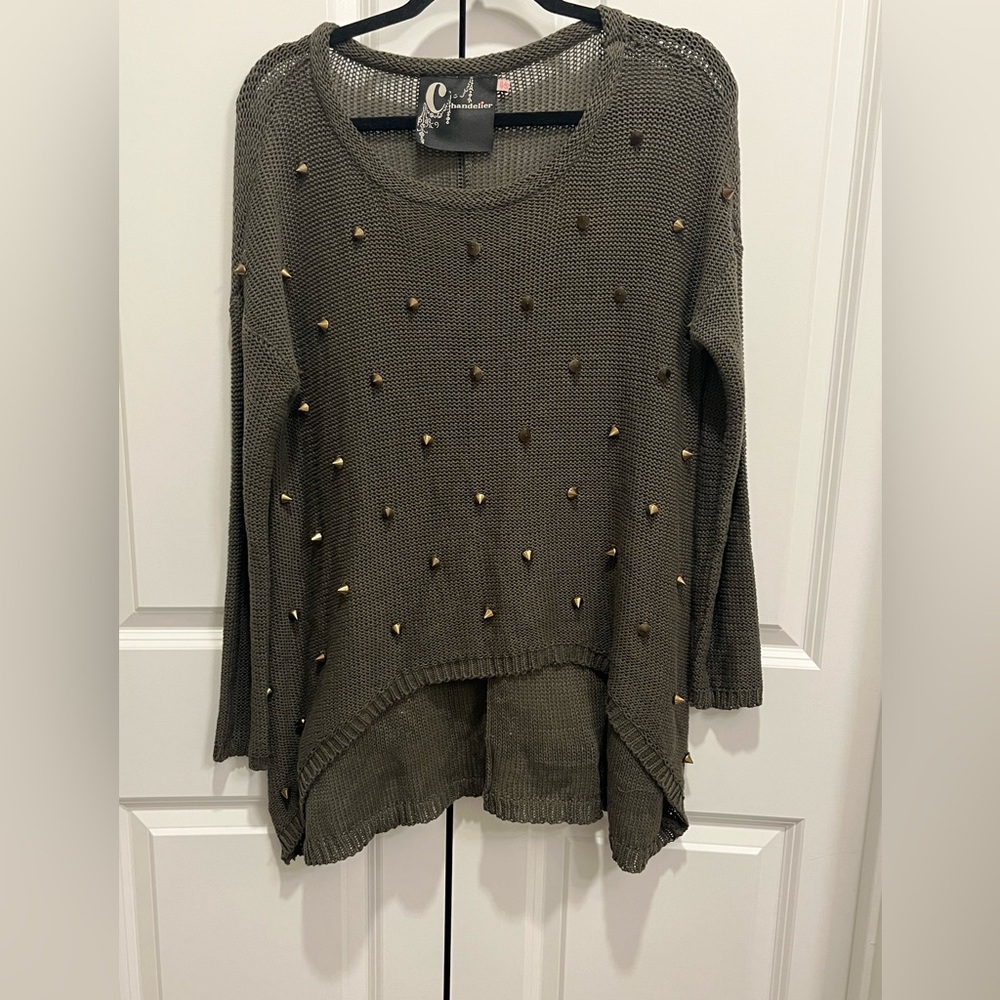 Olive Green Lightweight Sweater Small Studded Spikes Cyber Moto Punk Grunge